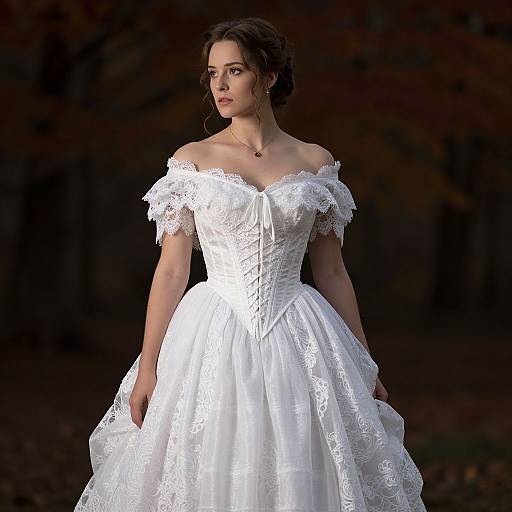 Photograph of a beautiful woman with fair skin and dark hair in an off-shoulder, white lace wedding dress, standing in a dark forest.