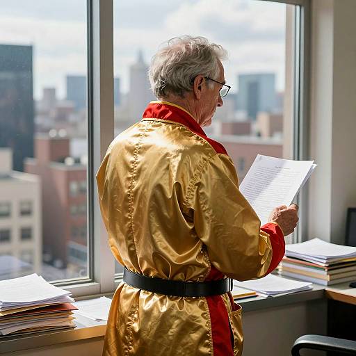 Older Man in Gold and Red Jacket Reading Papers by Window