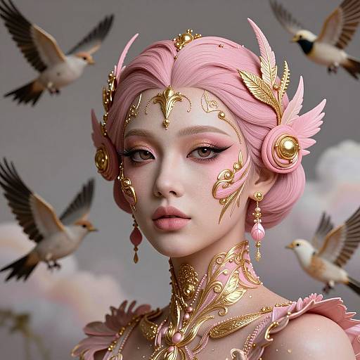 Digital art of a pink-haired, fair-skinned woman with golden ornate headpiece, earrings, and necklace, surrounded by flying birds against a cloudy