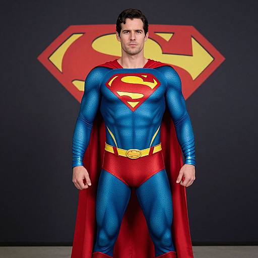 Photograph of a muscular man in a blue and red Superman costume with a red cape, yellow belt, and large 'S' emblem, standing against
