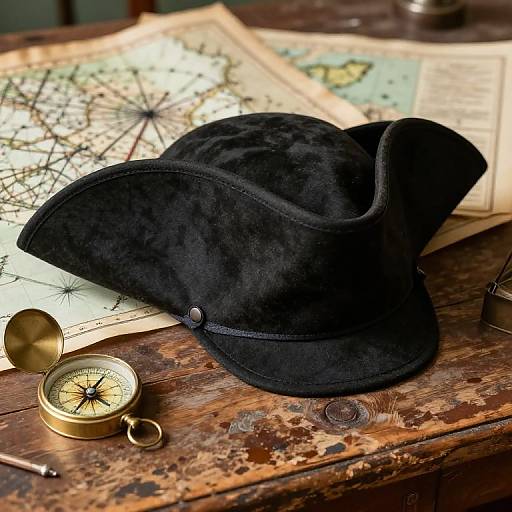Photograph of a black velvet pilot's hat on a rustic wooden table with an open compass, antique map, and feather.