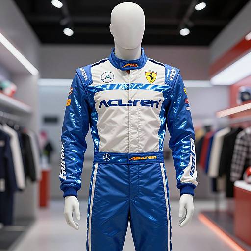 Photograph of a white mannequin wearing a blue and white Ferrari Formula 1 racing suit with 