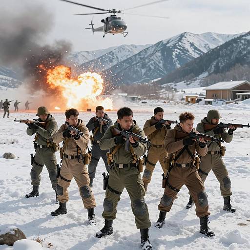 Soldiers in Snowy Mountain Combat Scene