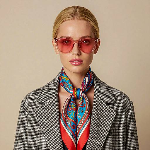 Stylish Woman in Pink Sunglasses and Paisley Scarf