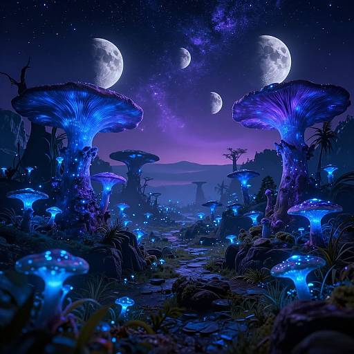 Digital fantasy artwork of a moonlit forest with glowing blue mushrooms, bioluminescent plants, and towering fungi under a starry, cosmic sky.