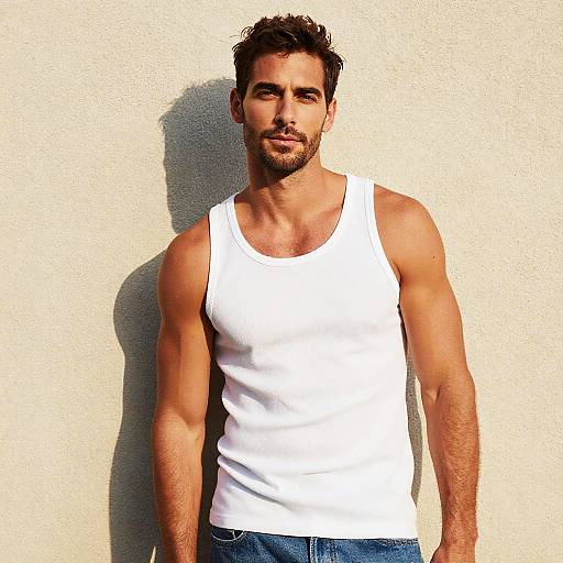 Photograph of a muscular, bearded man with short dark hair, wearing a white tank top and blue jeans, standing against a sunlit, beige