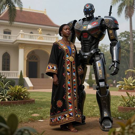 Photograph of a tall, dark-skinned woman in colorful traditional African robe standing beside a tall, black, futuristic robot in front of a colonial-style