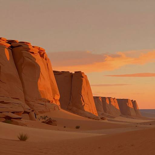 Photograph of a desert landscape at sunset, showcasing vibrant orange cliffs illuminated by sunlight, with soft shadows and sparse sand dunes.