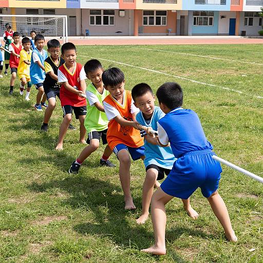 Photograph of young Asian boys in colorful sportswear playing tug-of-war on a grassy field, with a school building in the background. Bright