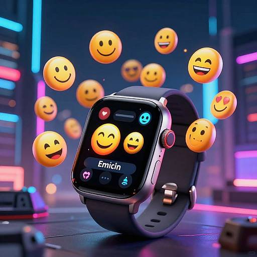 Photograph of a futuristic smartwatch displaying Emojis, surrounded by floating smiley faces, with neon city lights in the background.