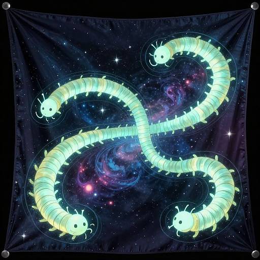 Glowing, neon, serpent-like creatures with luminous eyes twist against a cosmic, starry background on a dark fabric, resembling a decorative tape