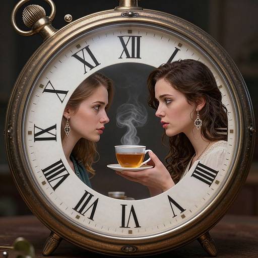 Photograph: Antique clock with Roman numerals, reflecting two women with wavy dark hair, one holding a steaming tea cup, focused intently
