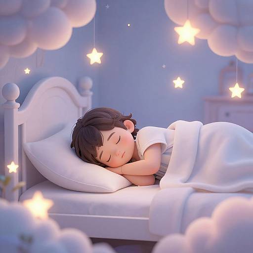 Digital artwork of a sleeping child with short black hair, white shirt, and blanket, surrounded by glowing stars and clouds.