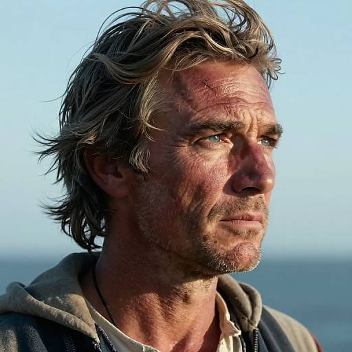 Photograph of rugged, middle-aged man with tousled brown hair, scruffy beard, and sunburnt face, wearing a worn hoodie, against