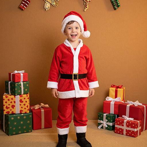 Photograph of a smiling young boy in a red Santa outfit, standing in front of a brown wall adorned with holiday decorations and colorful, wrapped gifts.