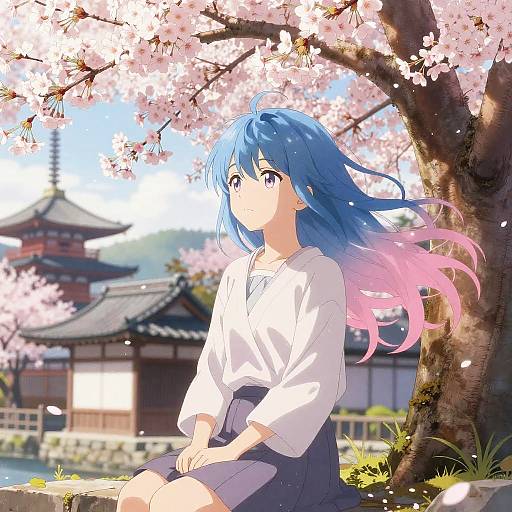 Anime-style digital illustration of a blue-haired girl with pink-tipped hair, wearing a white shirt and gray skirt, sitting under cherry blossoms with a