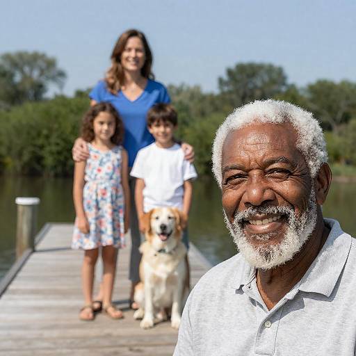 Smiling Elderly Man and Family on Dock