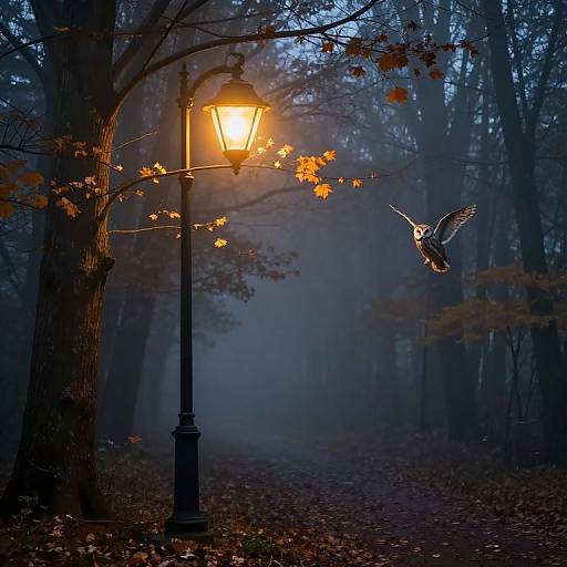 Photograph of a glowing streetlamp in a foggy, dark forest at night, with an owl mid-flight and autumn leaves on branches.