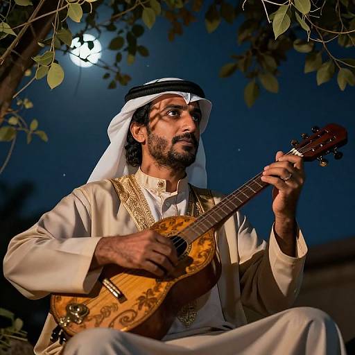 Photograph of a Middle Eastern man with dark skin and beard, wearing a white thobe and white headscarf, playing an ornate wooden l