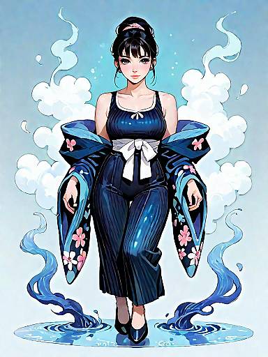 Dark Fantasy Girl in Kimono and Black Swimsuit