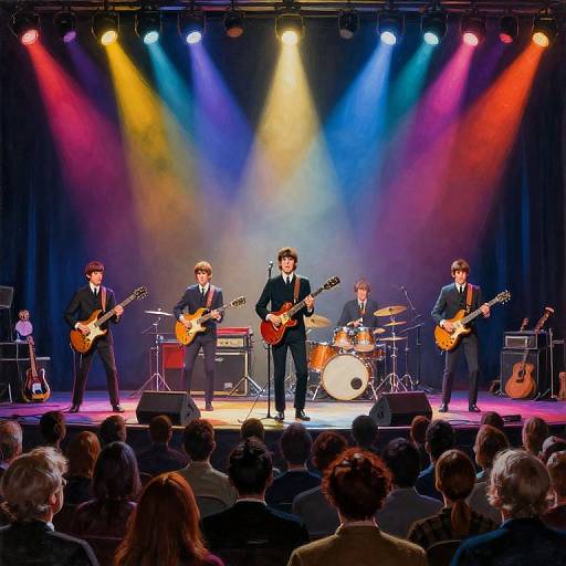 Photograph of a vibrant rock band performing on stage with colorful spotlights, four male musicians in black suits playing guitars and drums, audience in foreground.