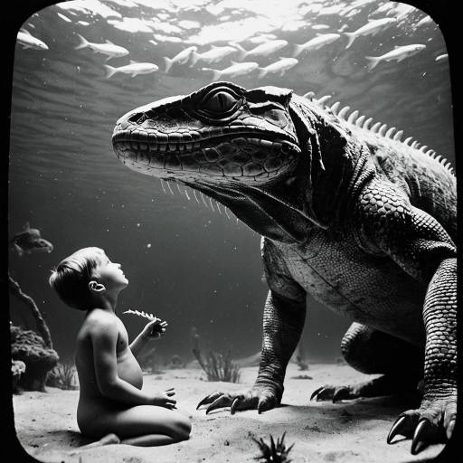 Vintage Underwater Scene with Boy and Giant Reptile Vintage Underwater Scene with Boy and Giant Reptile