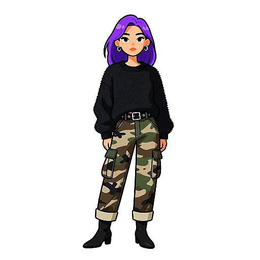 Digital anime-style drawing of a young woman with purple hair, black sweater, camo pants, black boots, and a belt with a buckle.