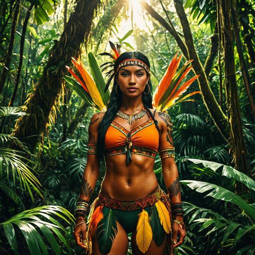 Athletic Woman in Tribal Outfit in Rainforest