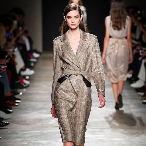 Photograph of a runway model with straight brown hair, wearing a shimmering, long-sleeve, knee-length, beige blazer dress, walking