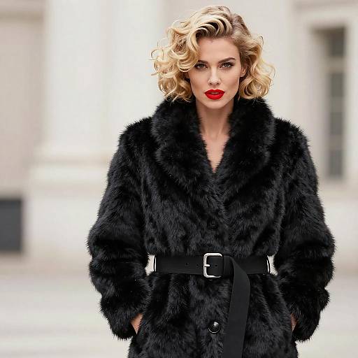 Blonde Woman in Black Fur Coat with Red Lipstick