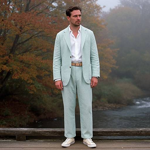 Photograph of a bearded man in light blue checkered suit, white shirt, brown belt, and white sneakers, standing on wooden platform against fog