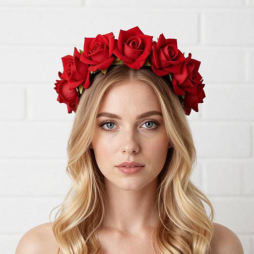 Photograph of a blonde woman with blue eyes, wearing a red rose flower crown, against a white background. She has wavy hair and a neutral