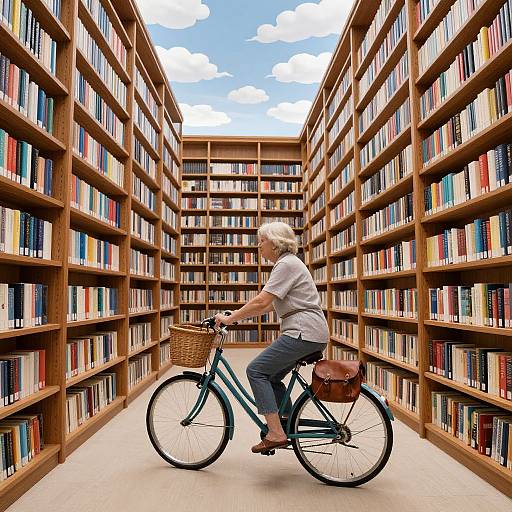 Photograph of an elderly woman with white hair, riding a green bicycle through a narrow, book-filled library aisle under a bright blue sky with clouds.