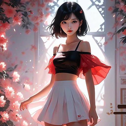Digital anime-style illustration of a beautiful Asian woman with black bob haircut, wearing a black off-shoulder crop top and white skirt, illuminated by glowing