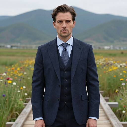 Photograph of a serious, handsome man in a dark blue suit and tie, standing on a wooden path with a colorful meadow and mountains in the