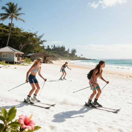 Photograph of three women cross-country skiing on a sunny, tropical beach with palm trees, clear blue sky, and calm ocean.
