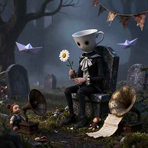 Teacup-Headed Child on Crooked Gravestone