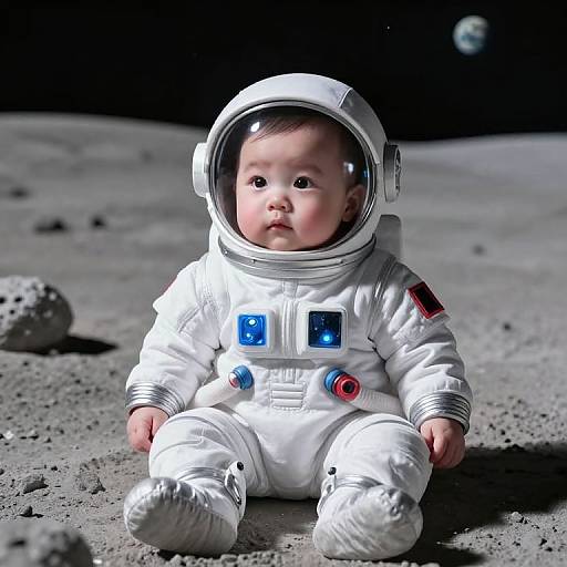 Photorealistic CGI of a baby in a white astronaut suit with a helmet, sitting on a gray, rocky moon surface.