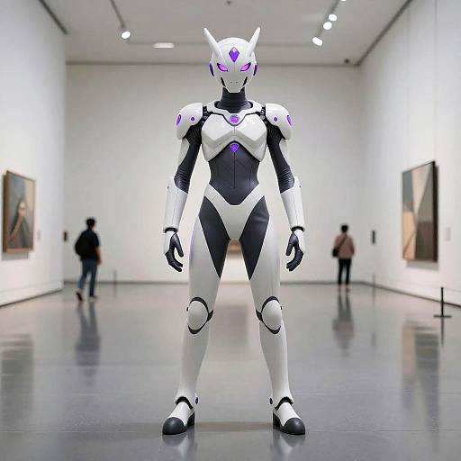 Photograph of a white and black humanoid robot with purple accents standing in a modern art gallery, with blurred figures in the background.