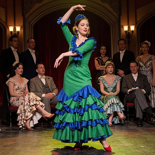 Photograph of a flamenco dancer in a vibrant green dress with blue ruffles, performing on stage with an audience seated in formal attire in the background