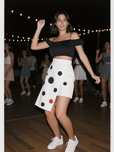 Photograph of a smiling woman with dark hair, wearing a black off-shoulder top and white polka-dot skirt, dancing in a dimly