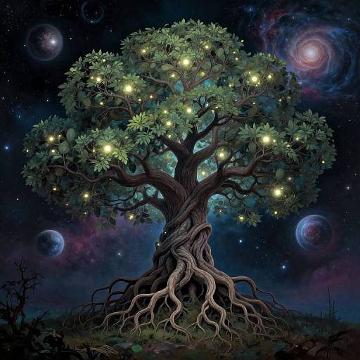 Digital art of a mystical tree with glowing fireflies in a starry, galaxy-filled night sky, featuring intricate roots and vibrant foliage.