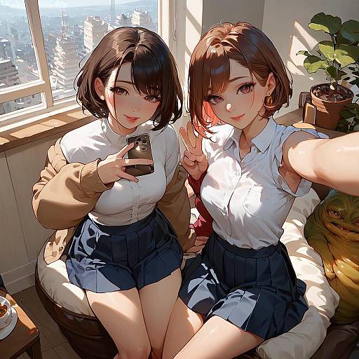 Anime Couple Selfie in Cozy Cafe