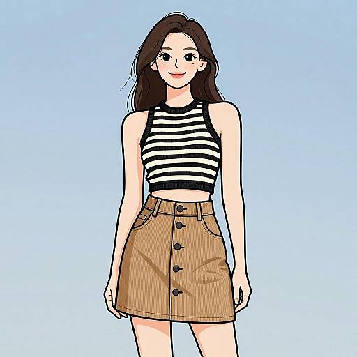 Digital anime-style drawing of a smiling young woman with long brown hair, wearing a black-and-white striped sleeveless top and a brown button-up skirt,