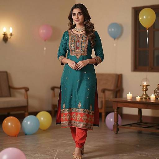 Young Woman in Teal Embroidered Kurti with Balloons
