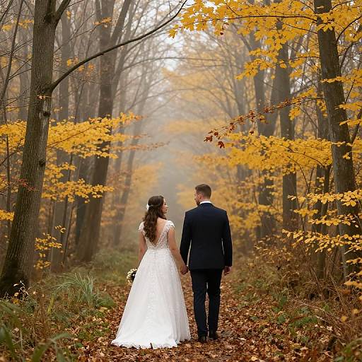 Photograph of a bride in a white lace dress and groom in a black suit, walking hand-in-hand down a forest path with golden autumn leaves.