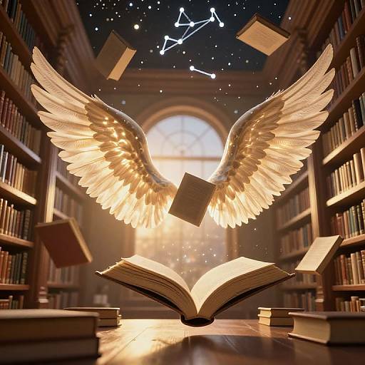 Photograph-like digital art of glowing angel wings emerging from an open book in a library, with floating books and a starry sky above.
