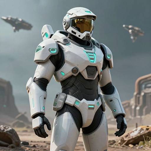 CGI image of a white and black armored space soldier with glowing blue accents, standing in a futuristic desert landscape with hovering drones.