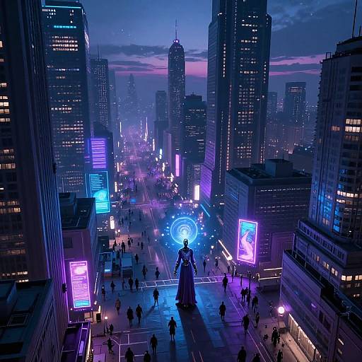 Cyberpunk Twilight Cityscape with Mystic Android