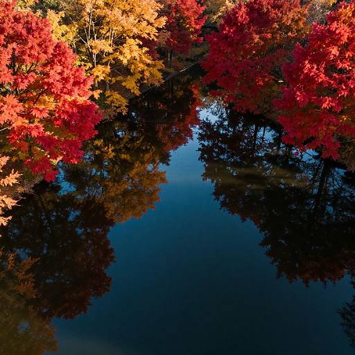 Photograph of vibrant autumn leaves with red, yellow, and orange hues reflecting on a dark, calm water surface.